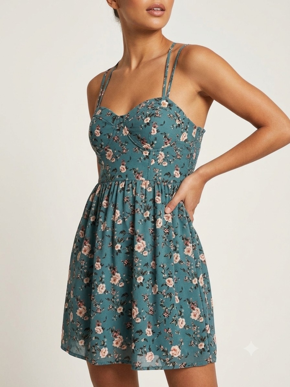 Teal Floral Sweetheart Sundress with Double Straps